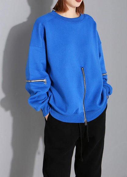 Art Blue O-neck Zippered Loose Fall Pullover Street Wear