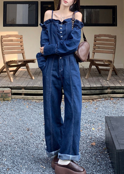 French Denim Blue Cold Shoulder Button Pockets Spaghetti Strap Jumpsuits Sleeveless