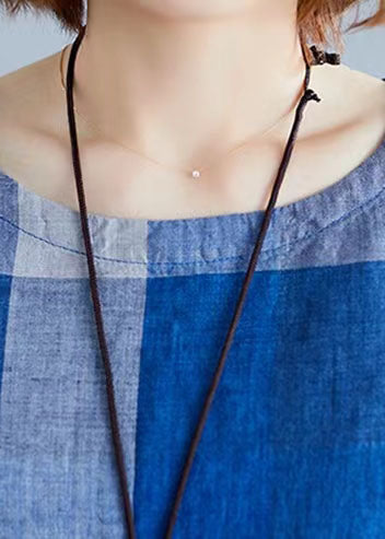 Blue Low High Design O-neck Plaid Linen Top Long Sleeve