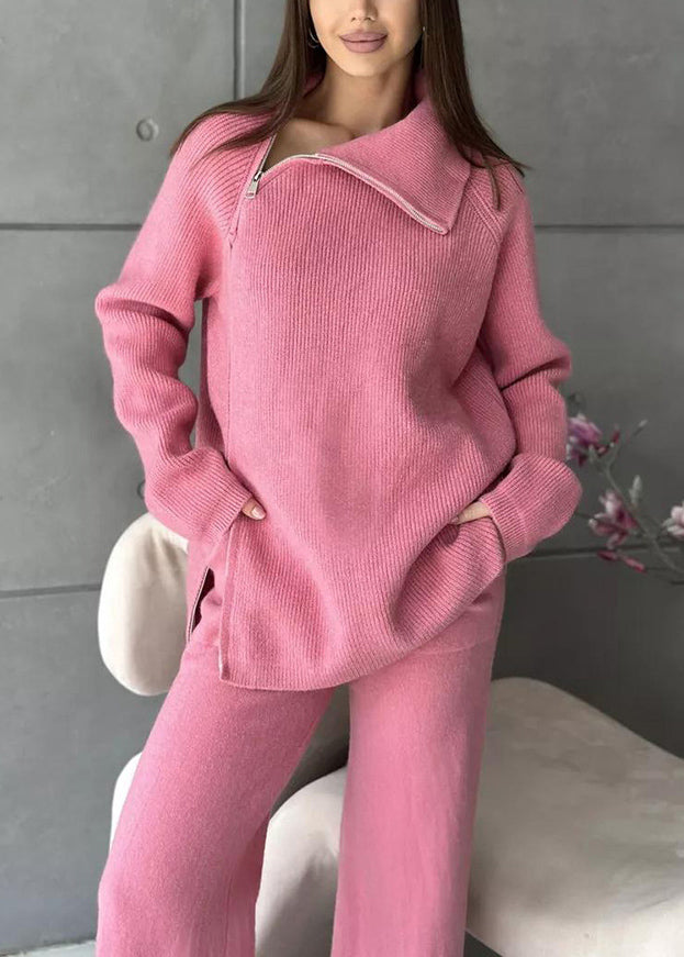 Stylish White High Neck Zip Up Knit Sets 2 Pieces Spring