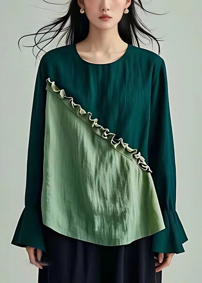 French Light Green O Neck Ruffled Cotton Top Flare Sleeve