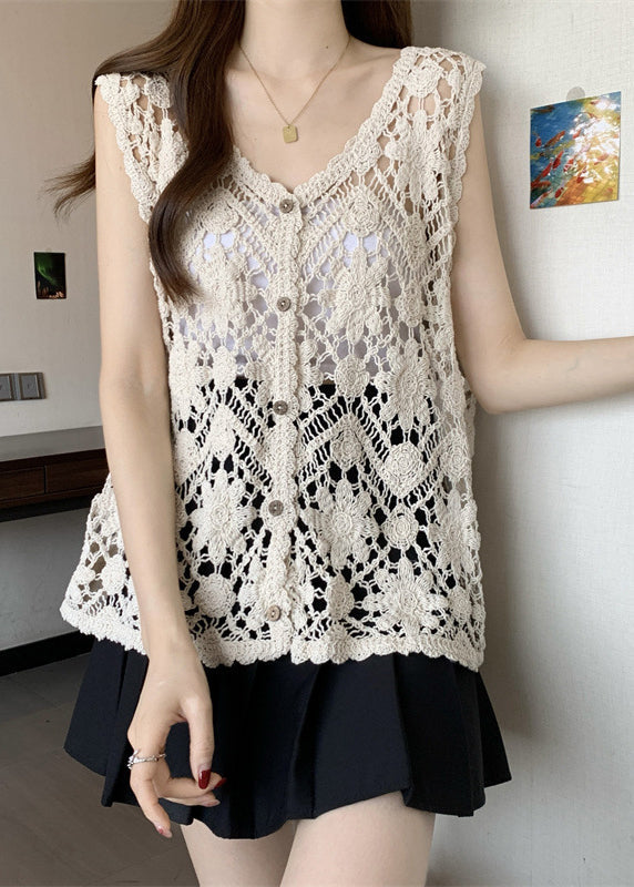 Apricot V Neck Hollow Out Knit Vest Sleeveless
