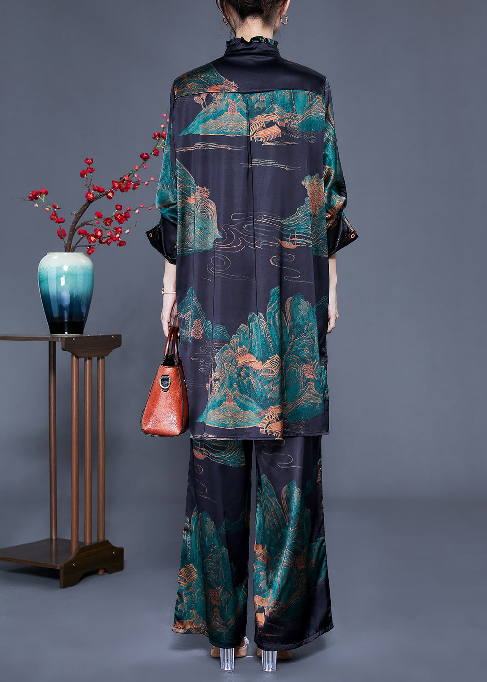 Blackish Green Print Ruffled Tassel Side Open Silk Two Pieces Set Spring