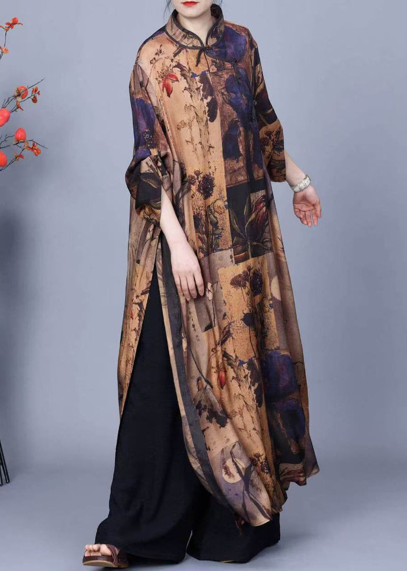 Stand Collar Print Side Open Silk Two Pieces Set Winter