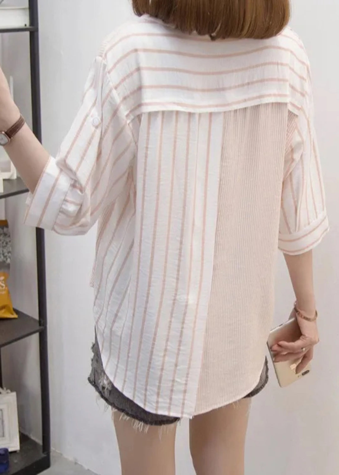 Blue Peter Pan Collar Striped Cotton Shirt Top Bracelet Sleeve