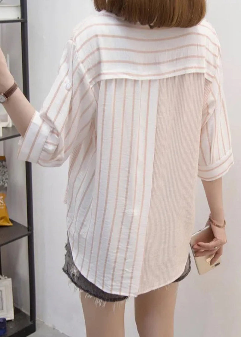 Blue Peter Pan Collar Striped Cotton Shirt Top Bracelet Sleeve