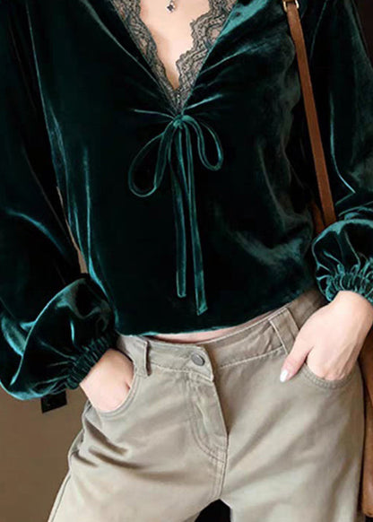 Peacock Green V Neck Lace Patchwork Silk Velvet Shirt Lantern Sleeve Spring