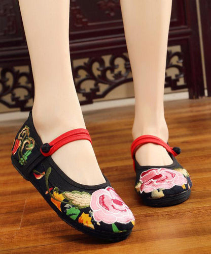 Green Flat Shoes Embroideried Comfy Cotton Fabric Buckle Strap Flat Shoes for