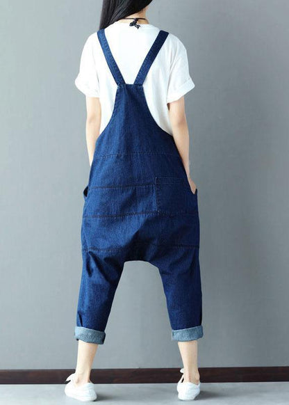 Blue Pockets Wrinkled Harem Fall Cotton Romper
