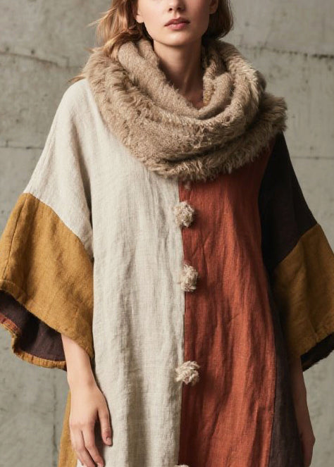 Art Colorblock Asymmetrical Patchwork Fuzzy Ball Decorated Long Dress Fall