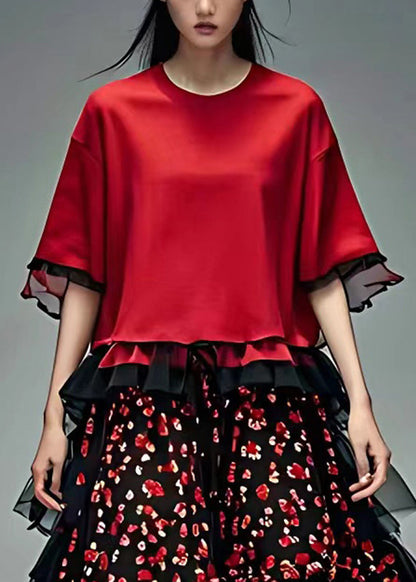 Red O-neck Tulle Patchwork Chiffon Maxi Dress Summer