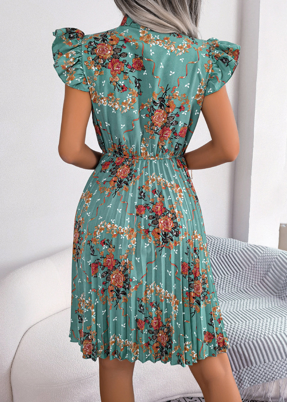 Green Print Lace Up Cotton Mid Dress Summer