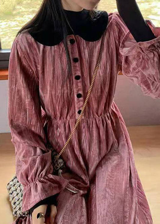Pink Button Patchwork Velour Long Dresses Spring