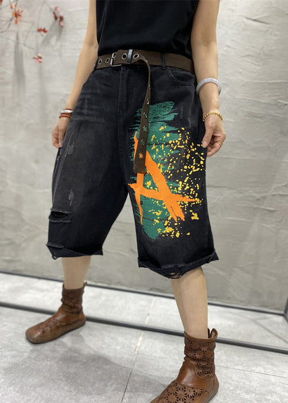 Loose Black Print High Waist Denim Ripped Shorts Summer
