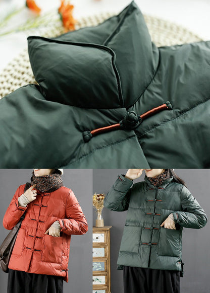 Green Button Pockets Duck Down Coats Long Sleeve