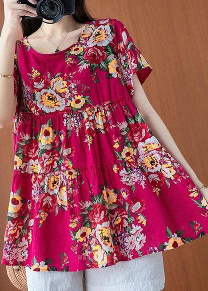 Rose Print Cinched Cotton Linen Blouses Summer