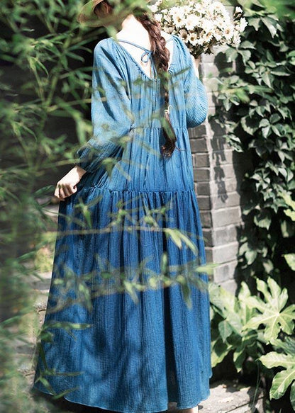 Simple O Neck Patchwork Spring Clothes Sewing Blue Dresses