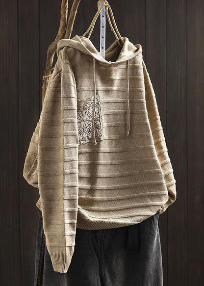 Khaki Hooded Pockets Cotton Knit Sweaters Long Sleeve