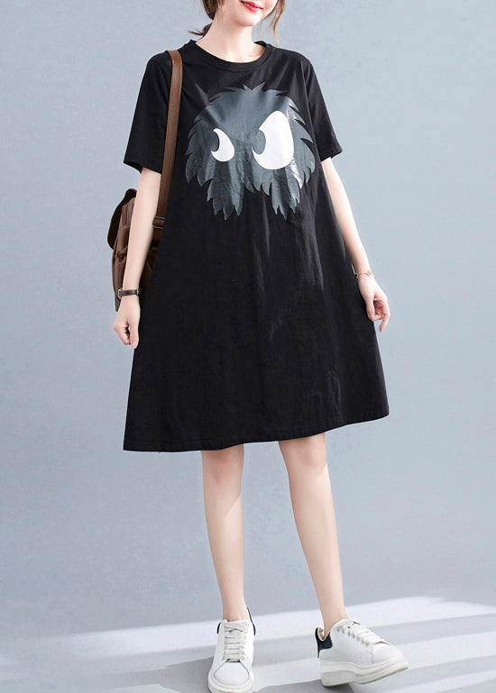 Slim Fit Black O-neck Appliques A-line Dresses Short Sleeve