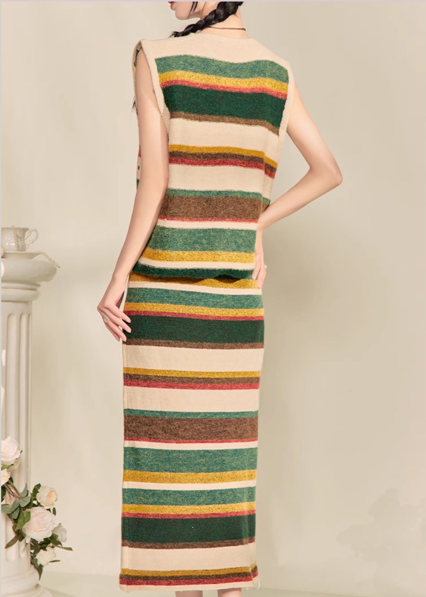 Colorblock V Neck Striped Knit Waistcoat and Maxi Skirts Two Piece Set Sleeveless