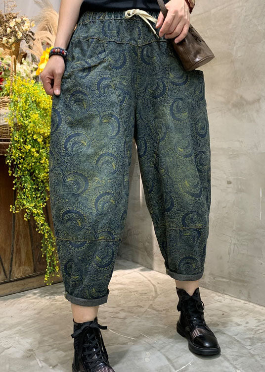 Handmade Blue High Waist Print Denim Pants Spring