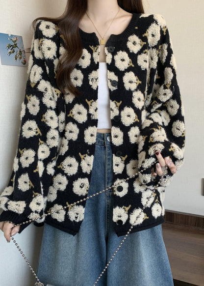 Black Embroidered Knit Loose Coat Winter