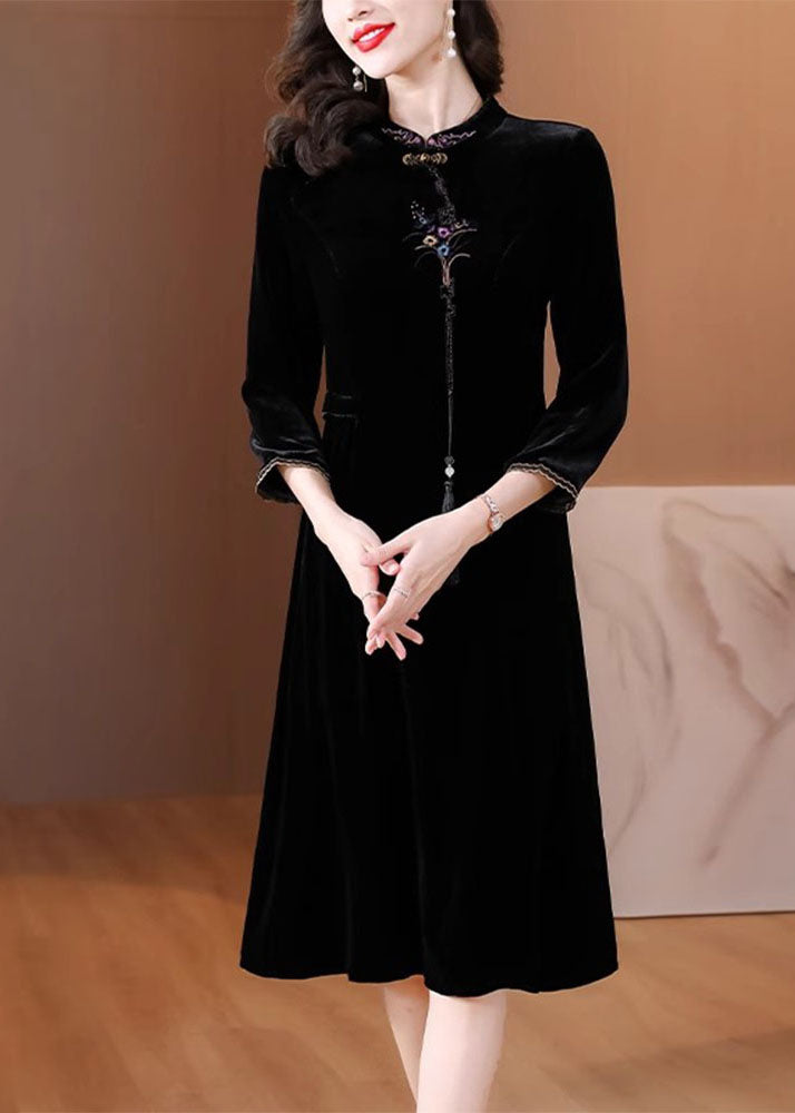 Classy Black Stand Collar Embroideried Silk Velour Maxi Dress Fall
