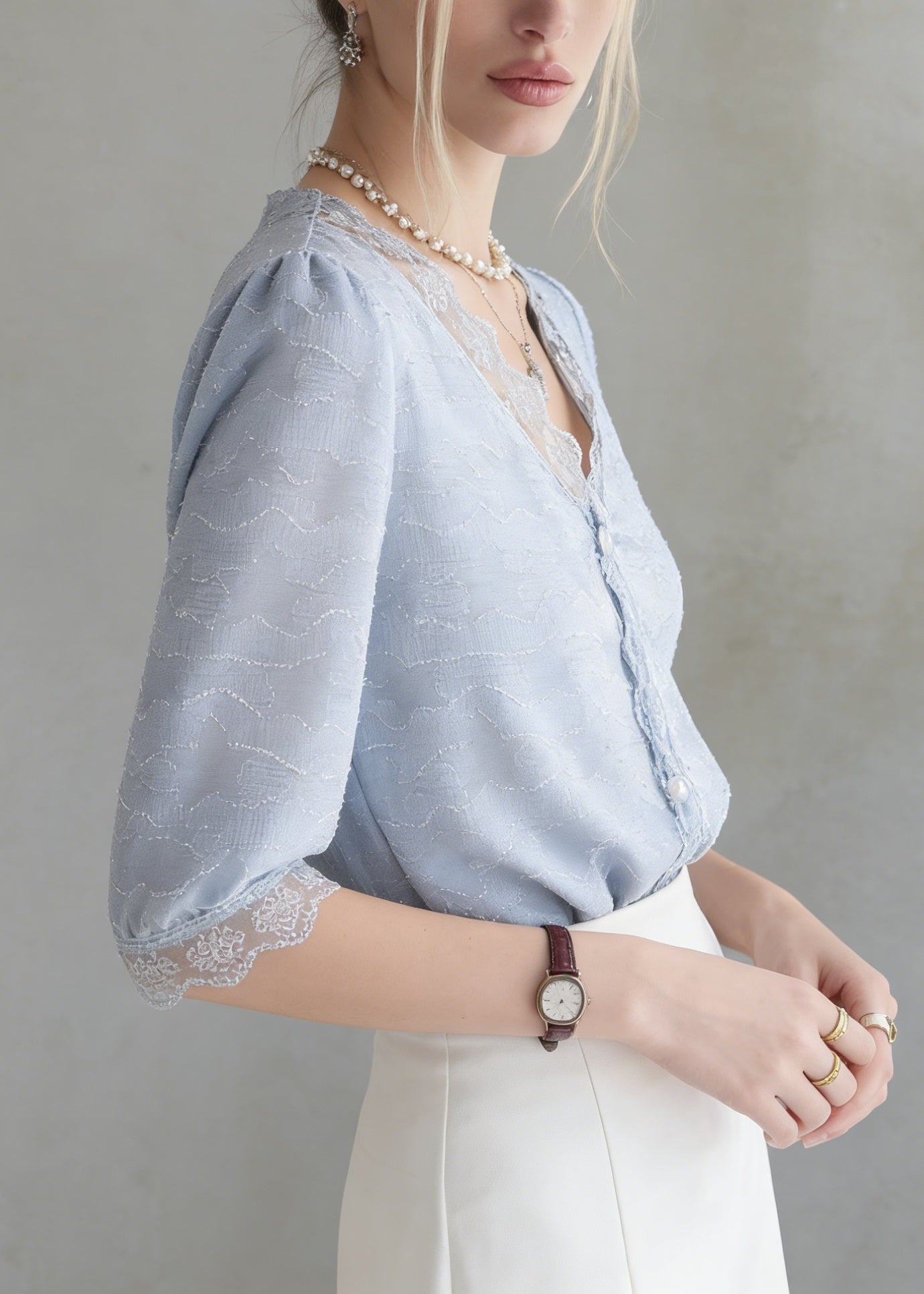 Blue V Neck Lace Patchwork Cotton Top Summer