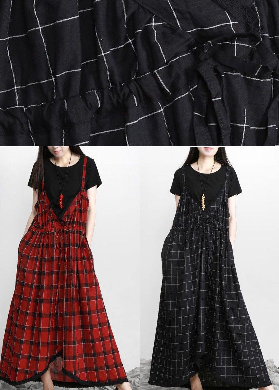 Diy Black Plaid Italian Cotton V Neck Vacation Dresses