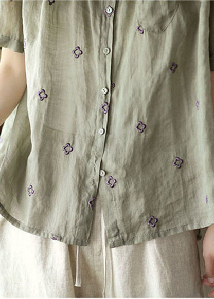 Grey Green Embroideried Linen Shirt Top Short Sleeve