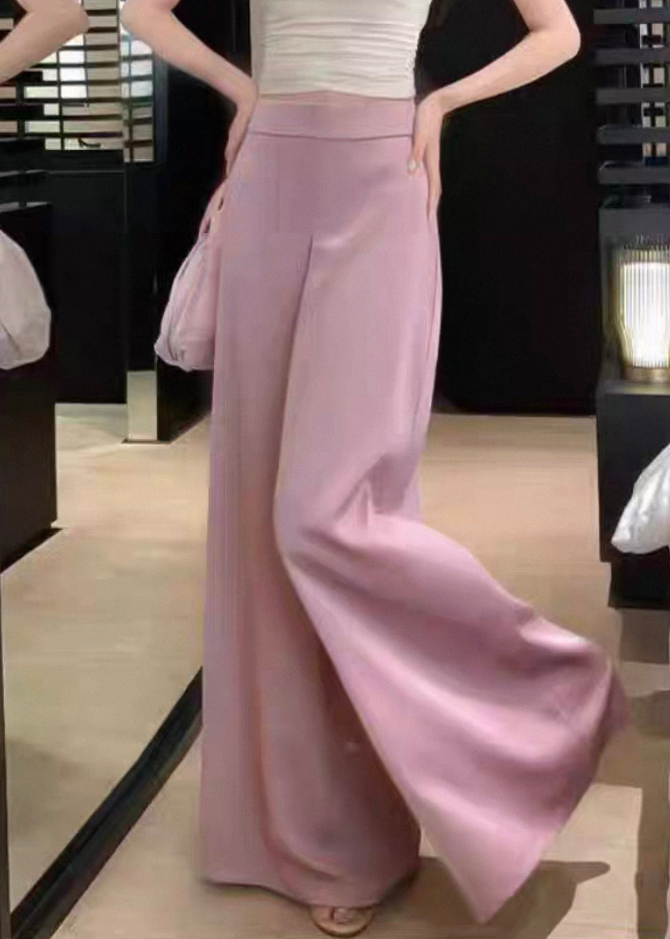 Pink High Waist Silk Wide Leg Pants Summer