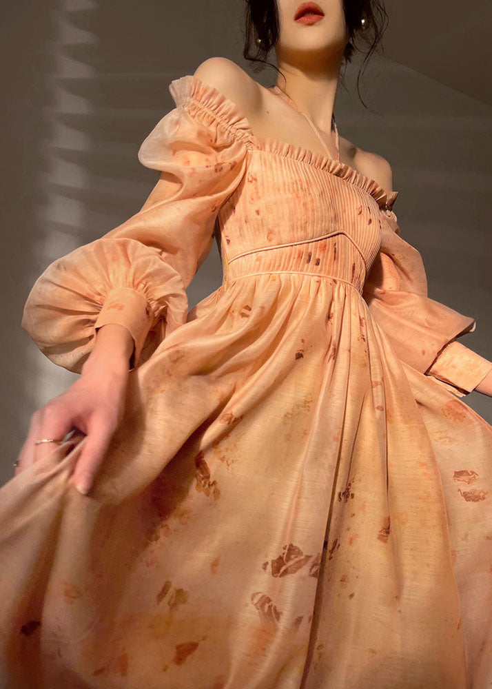 Diy Orange Slash Neck Wrinkled Exra Large Hem Print Silk Cinch Dresses Long Sleeve