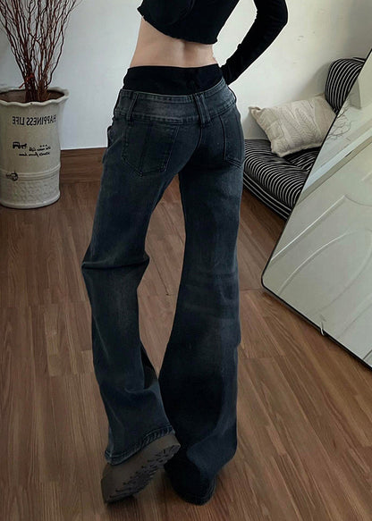 Black Silm Fit Denim Flare Bottoms Pants Trousers Spring