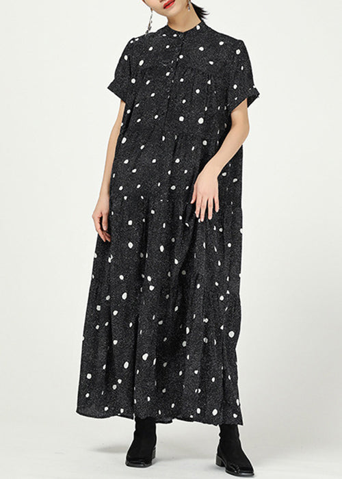 Black Stand Collar Print Cotton Dresses Short Sleeve