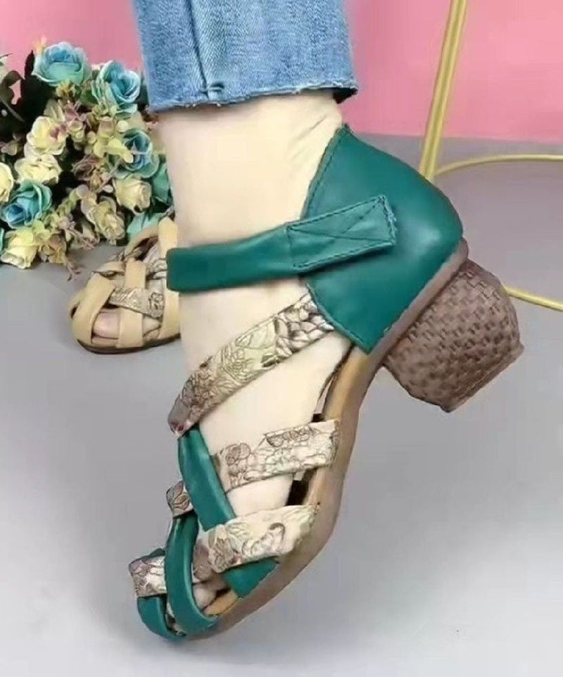 Hollow Out Splicing Chunky Sandals Green Genuine Leather Print