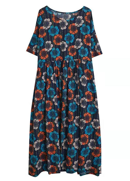 Blue O-neck Print Summer Party Dress Half Sleeve