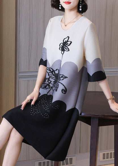 Natural Black O-neck Print Long Dress Half Sleeve