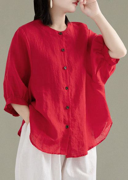 Art White Patchwork O-neck Button Linen Loose Shirt Top Lantern Sleeve