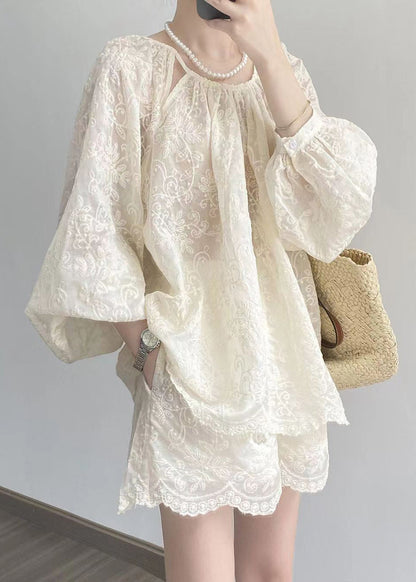 Loose Beige Embroidered Pockets Silk Cotton Two Pieces Set Bracelet Sleeve