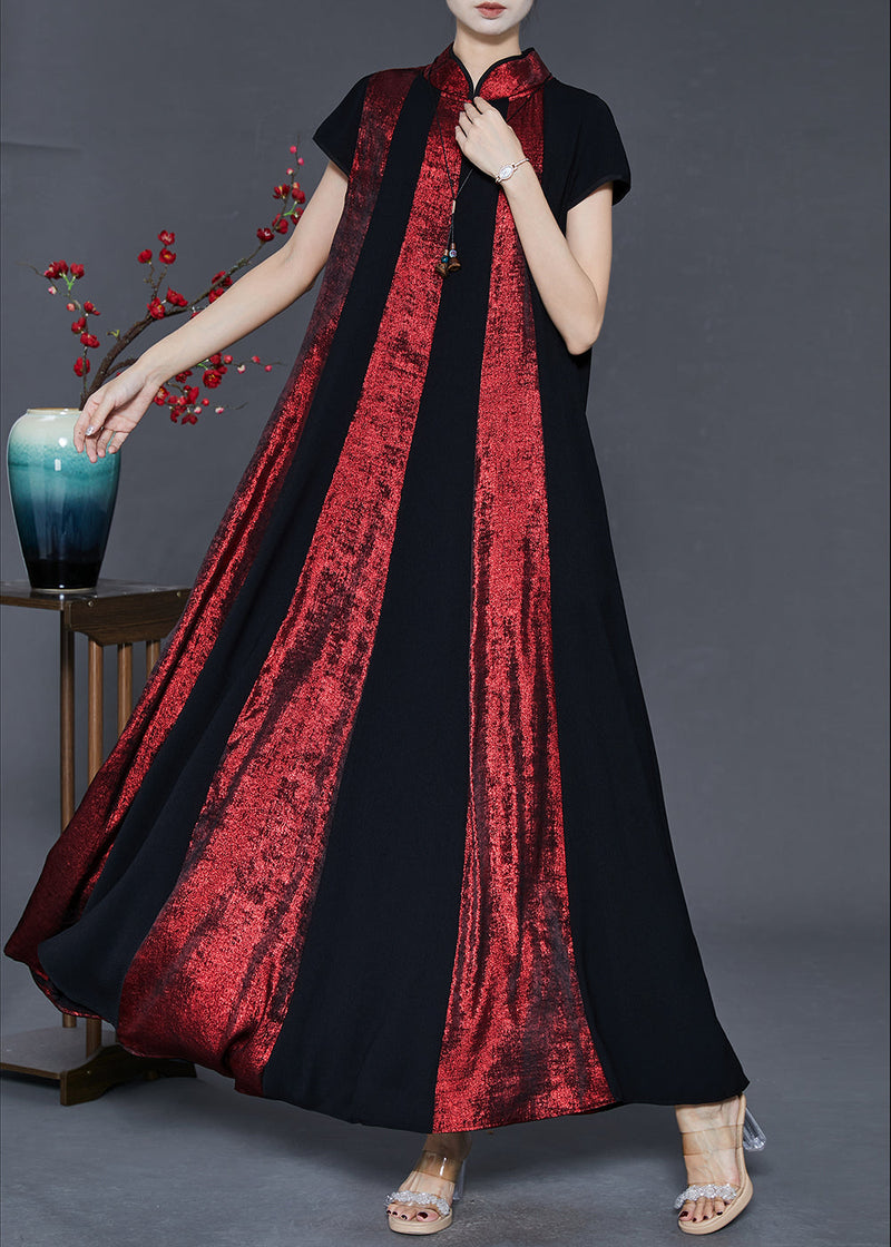 Red Patchwork Cotton Dress Mandarin Collar Exra Large Hem Summer
