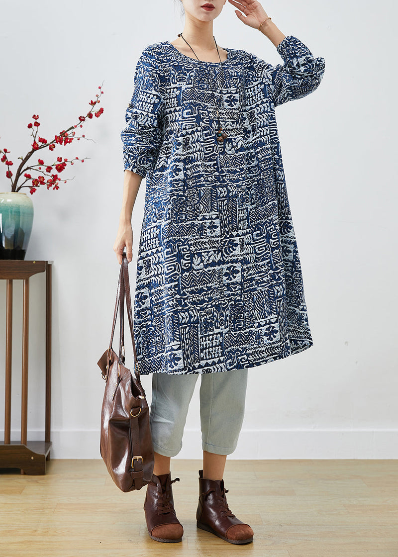 Navy Oversized Print Linen Dress Fall