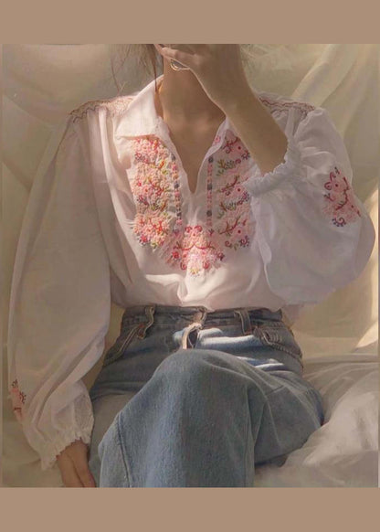 White Embroideried Patchwork Chiffon Shirt Fall