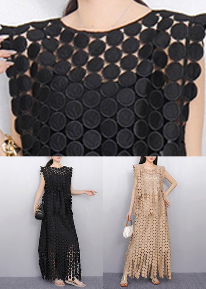 Champagne Hollow Out Lace Top and Maxi Skirts Two Pieces Set Summer