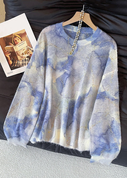Blue O Neck Tie Dye Knit Sweater Fall
