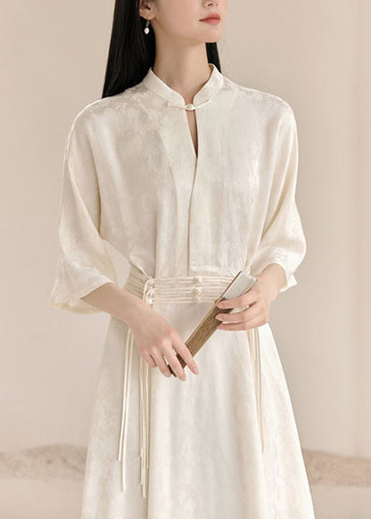 White Stand Collar Tasseled Patchwork Cotton Dress Fall