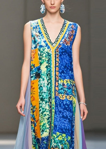 Modern Blue V Neck Patchwork Print Chiffon Robe Dresses Sleeveless Summer