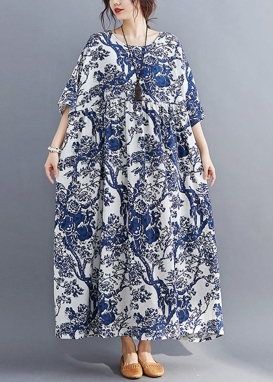 Blue O-neck Print Patchwork Wrinkled Maxi Dresses Summer