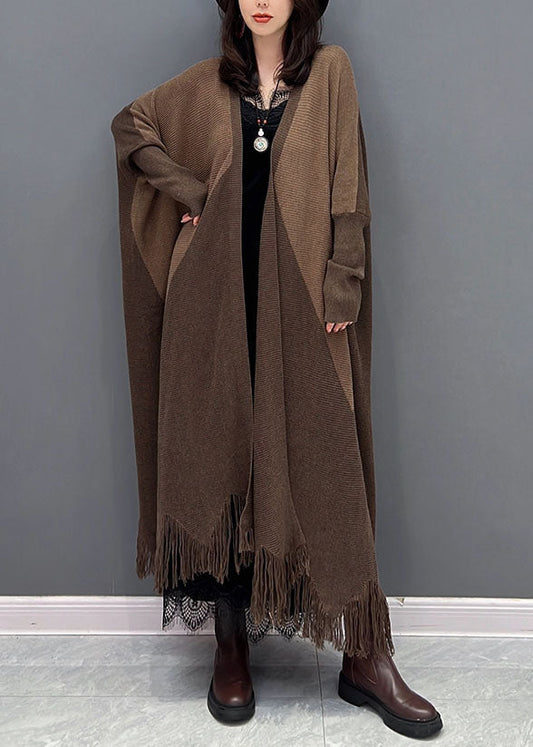 Chocolate Oversized Patchwork Tassel Knit Cardigan Batwing Sleeve