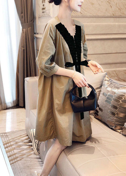 Khaki V Neck Bow Fall Half Sleeve Shirts Dress