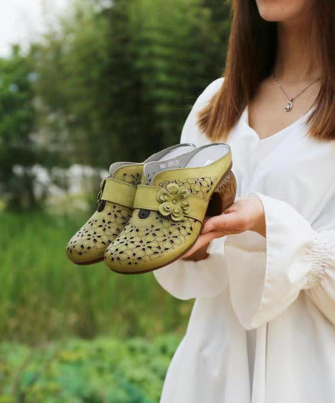 Caramel Hollow Out Cowhide Leather Chunky Heel Slide Sandals